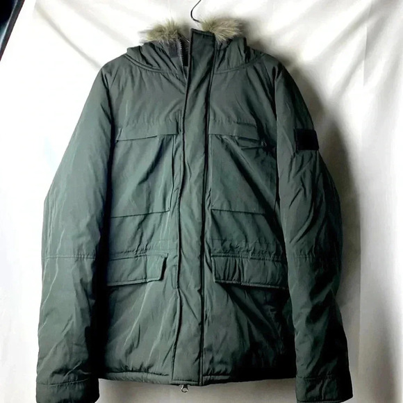 URBAN OUTFITTERS WO SIZE LARGE BLACK COAT WITH FAUX FUR TRIMMED HOOD CLEAN - Picture 1 of 15